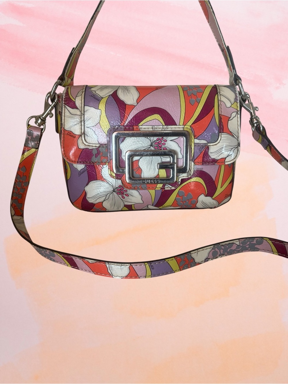 Y2K VTG Guess Orchard Candy Floral Multicolor G Logo Crossbody Flap Bag